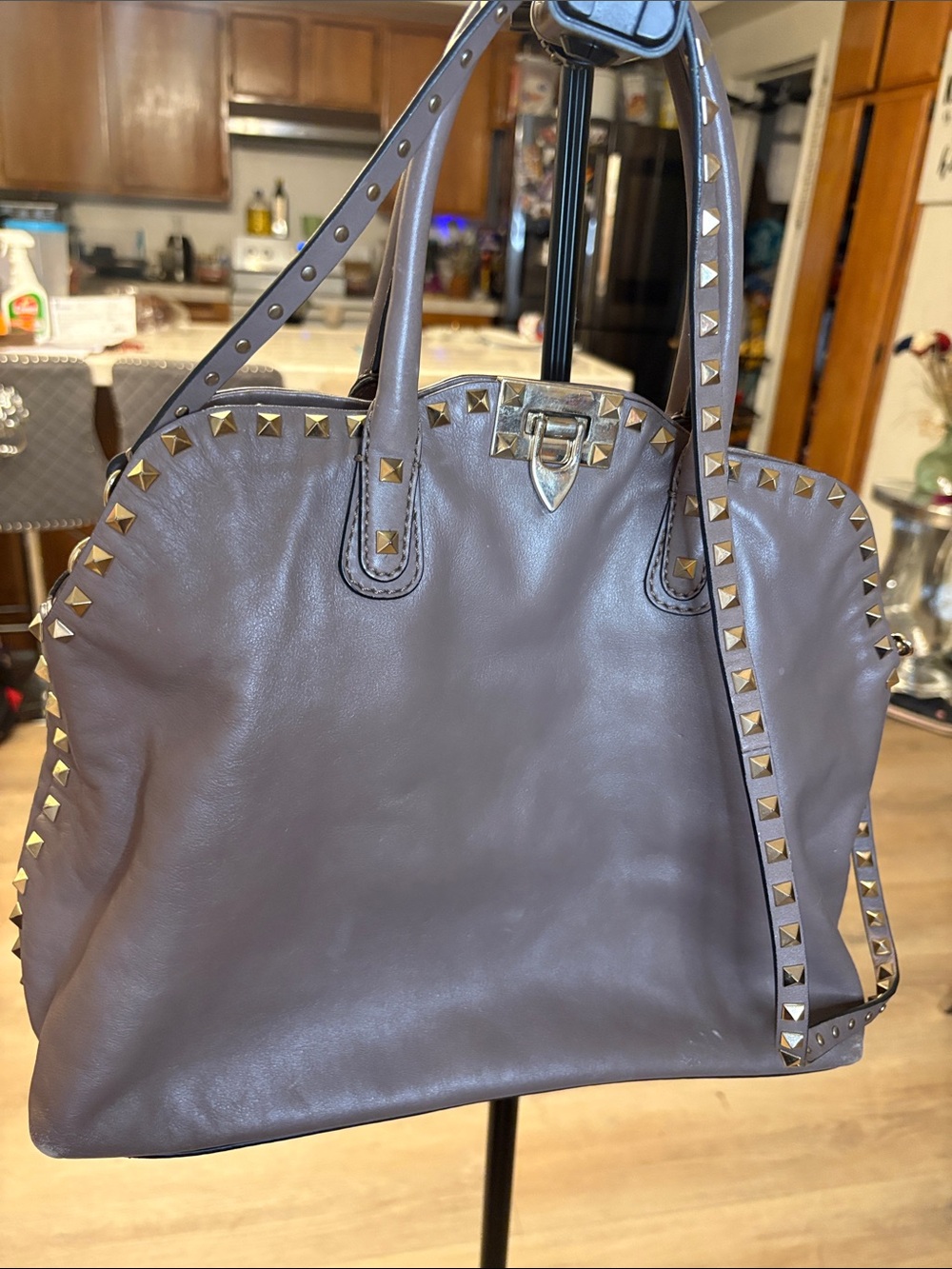 Valentino Taupe Leather Stud-Trim Tote with Gold Hardware